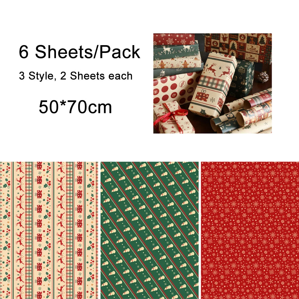 6 hojas de papel para envolver regalos de Navidad, muñeco de nieve, alce, Navidad, etc.