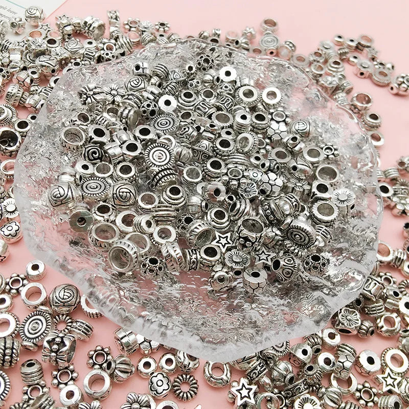 Mostacillas Retro de pentagrama de flor elíptica, joyería de aleación de plata tibetana, 50 piezas