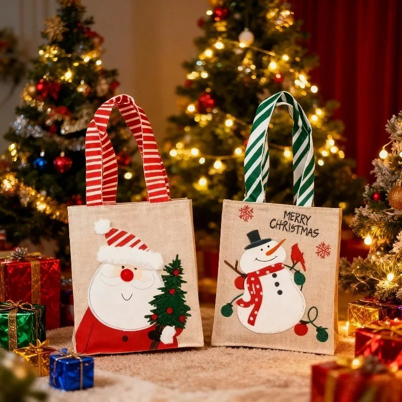 Bolsas de arpillera de Navidad con diseño de Papá Noel y muñeco de nieve, 1-10 Uds.