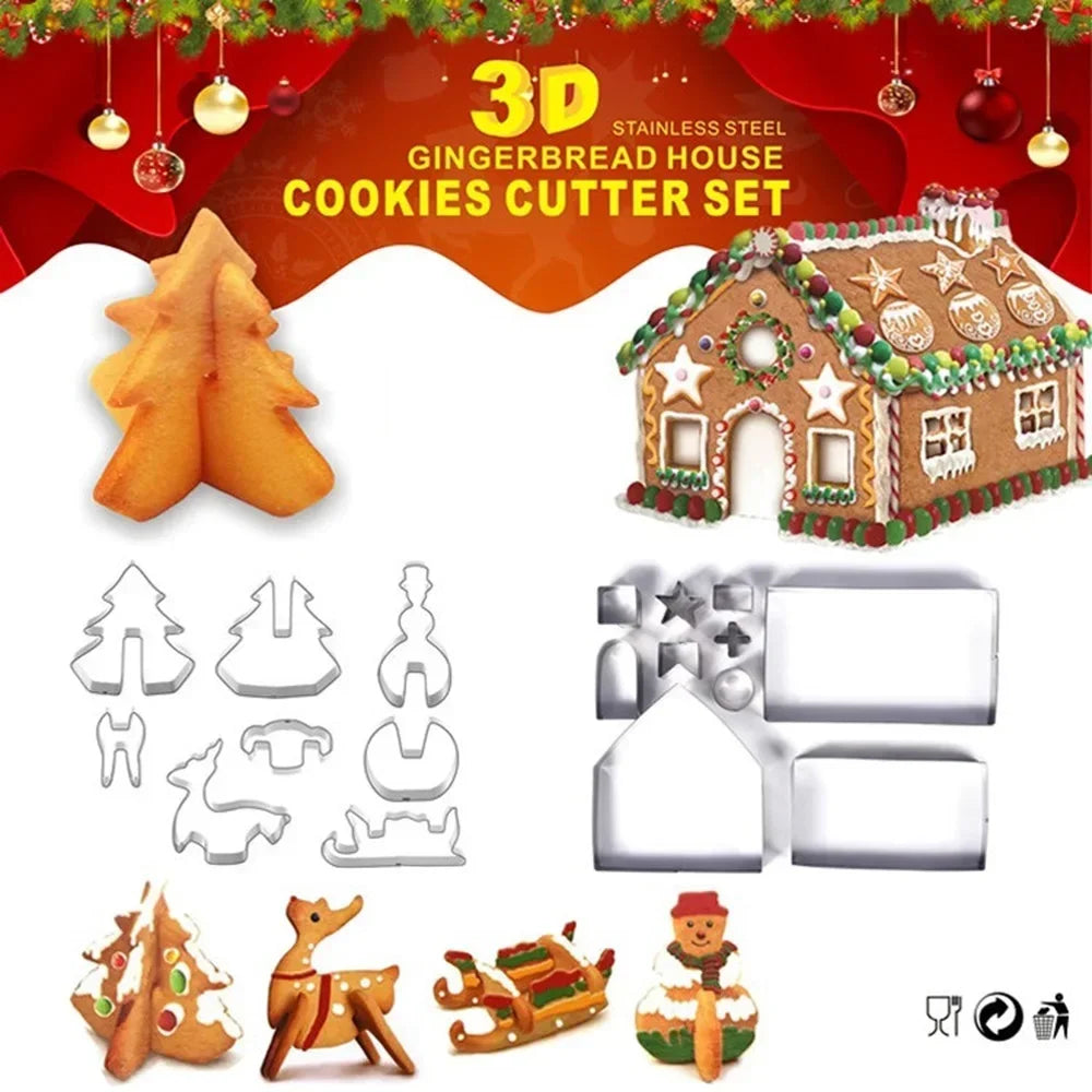Juego de cortadores de galletas para casa de jengibre, 18 Uds., acero inoxidable, 3D, accesorios para hornear