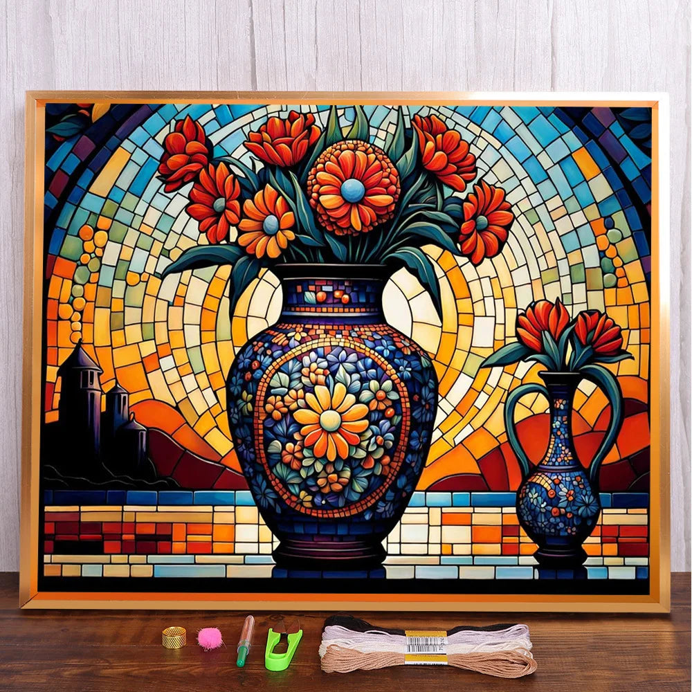 Flores-Kit completo de punto de cruz preimpreso