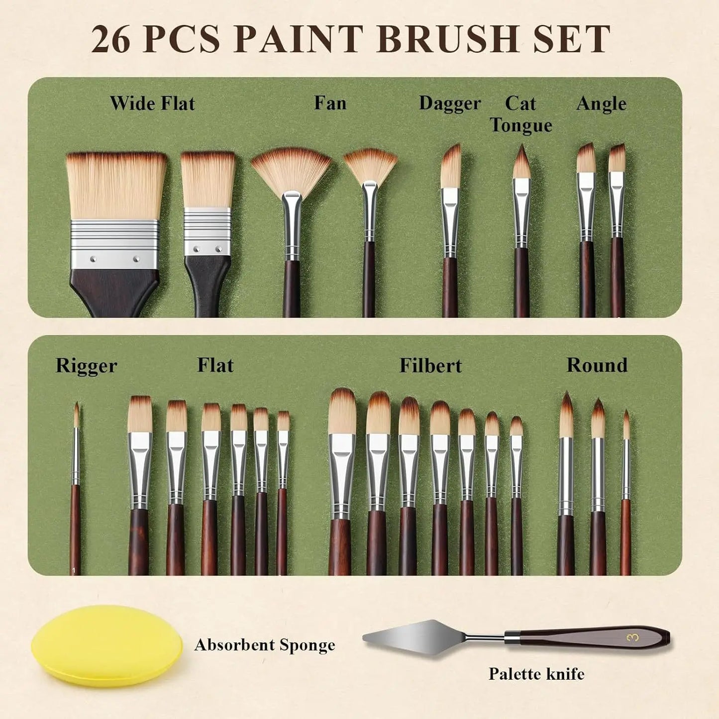 Juego de pinceles de nylon de 26 piezas para acuarela, acrílica y pintura al óleo, kit de pinceles de dibujo de arte profesional