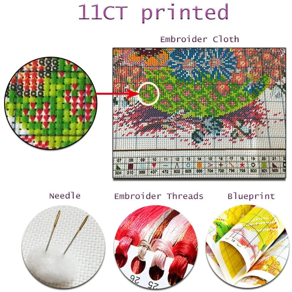 Kit de punto de cruz de tres mujeres, bordado completo impreso, hilo de algodón ecológico, juego de bordado de 11CT