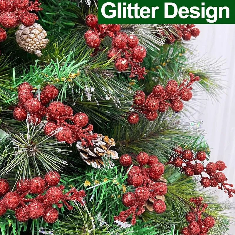 Brillo Artificial de Navidad, ramas de bayas rojas, polvo dorado, bayas de acebo, flores falsas, adornos de árbol de Navidad