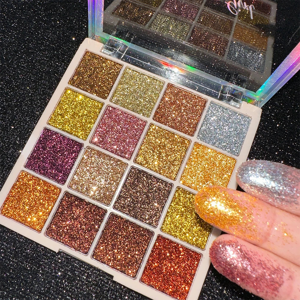 Paleta de sombra de ojos con purpurina de 16 colores, brillo multicolor, acabado de lentejuelas brillantes, maquillaje facial corporal, maquillaje para fiesta y escenario