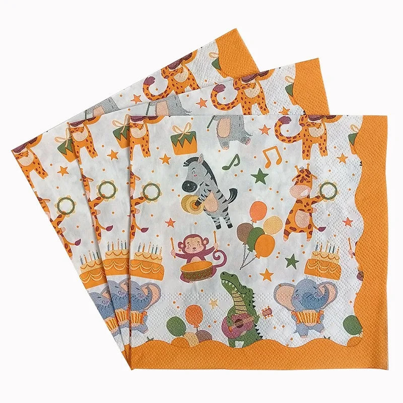 20 unids/pack de servilletas de papel con estampado de animales de dibujos animados, fiestas y decoupage