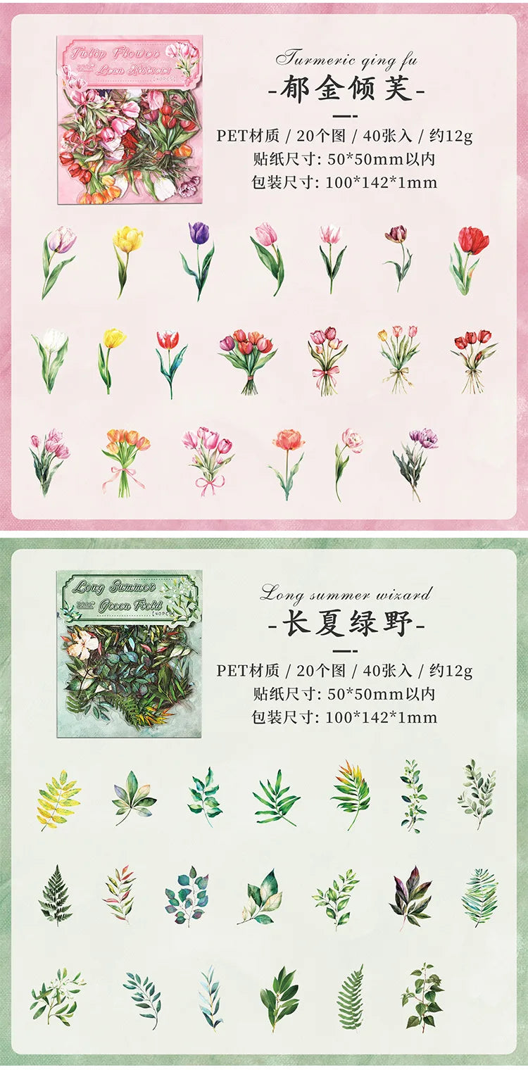 Paquete de pegatinas de jardín botánico, 40 Uds., calcomanías impermeables de plantas y flores