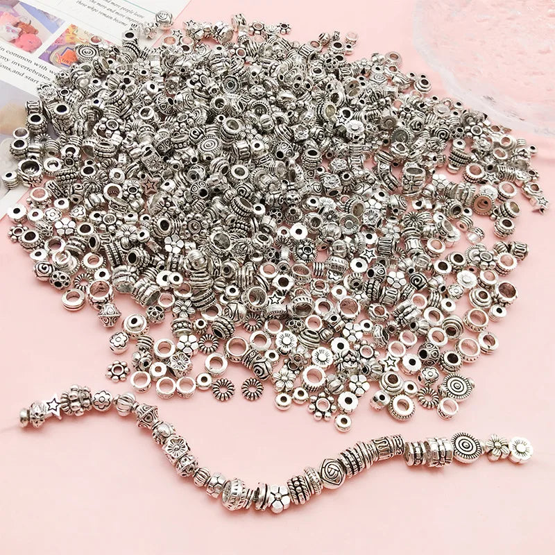 Mostacillas Retro de pentagrama de flor elíptica, joyería de aleación de plata tibetana, 50 piezas
