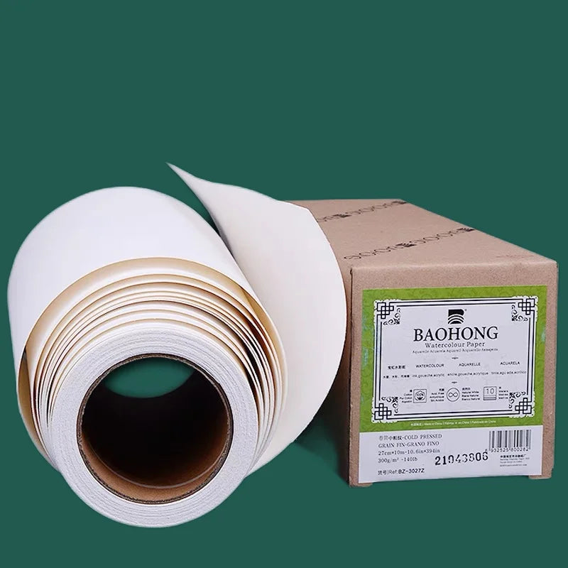 Rollo de papel de acuarela blanco natural, papel profesional, prensa en frío, rugoso, 100% algodón, 27 cm, 37 cm x 10 m, 300 g ﻿