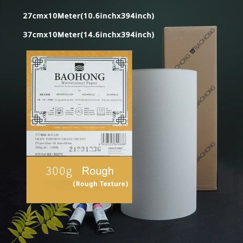 Rollo de papel de acuarela blanco natural, papel profesional, prensa en frío, rugoso, 100% algodón, 27 cm, 37 cm x 10 m, 300 g ﻿